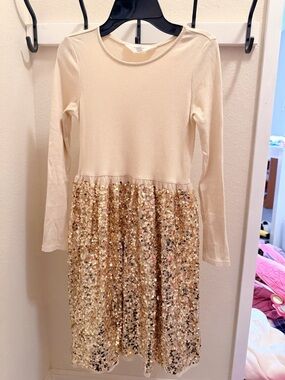 H&M Cream Long Sleeve Dress with Gold Sequin Skirt